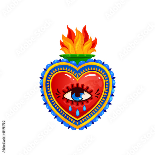 Mexican sacred heart, burning flame and crying eye, vector tattoo or religion symbol. Sacred heart with tears or Corazon Milagro, Mexican Catholic religion sign of Jesus God love and divine miracle