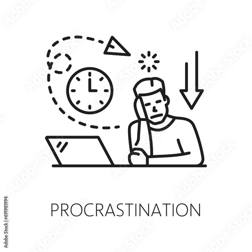 Procrastination psychological disorder problem, mental health icon. Human psychology, cognitive disorder or mental health problem thin line vector pictogram or sign with man procrastinating on work