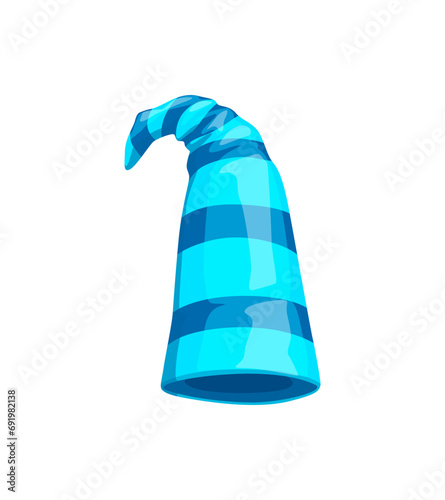 Striped gnome hat, isolated cartoon vector whimsical, pointy headgear adorned with vibrant blue stripes, adding a dash of enchantment to fantasy outfit while evoking a sense of playful charm