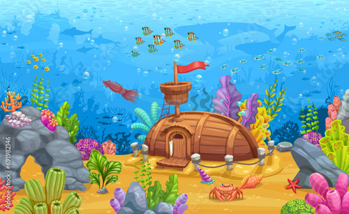 Sunken boat house building at underwater landscape, vector cartoon sea or ocean. Fairytale undersea house building in sunken wooden ship with ocean fishes, squid and whales or dolphins in sea water