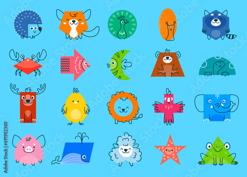 Cartoon animal characters with math shapes. Hedgehog, fox, peacock, snail, raccoon and crab, fish, bear, turtle rectangle, circle, triangle and cube, ellipse, pentagon shapes vector funny personages