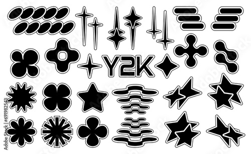 Set of abstract retro futuristic Y2K elements and shapes isolated on a white background. Y2K geometric shapes, forms, symbols for template, poster, banner, web, stickers.