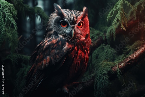  a red and black owl sitting on top of a tree branch in front of a forest filled with green leaves.