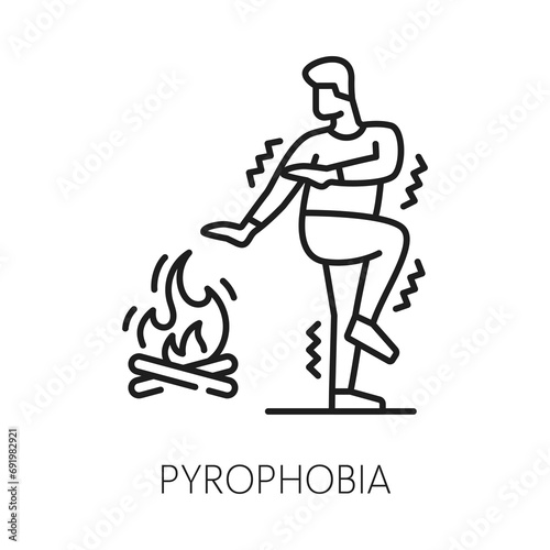 Human pyrophobia phobia icon, mental health. Fear of fire, mental disorder, people psychology problem linear vector sign. Fear problem thin line symbol or pictogram with man scared of bonfire flame
