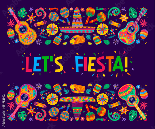 Mexican fiesta party banner with sombrero, maracas and guitars, vector tropical flowers ornament. Mexican holiday party poster with colorful pattern of Mexican burrito, tequila or pinata and flowers