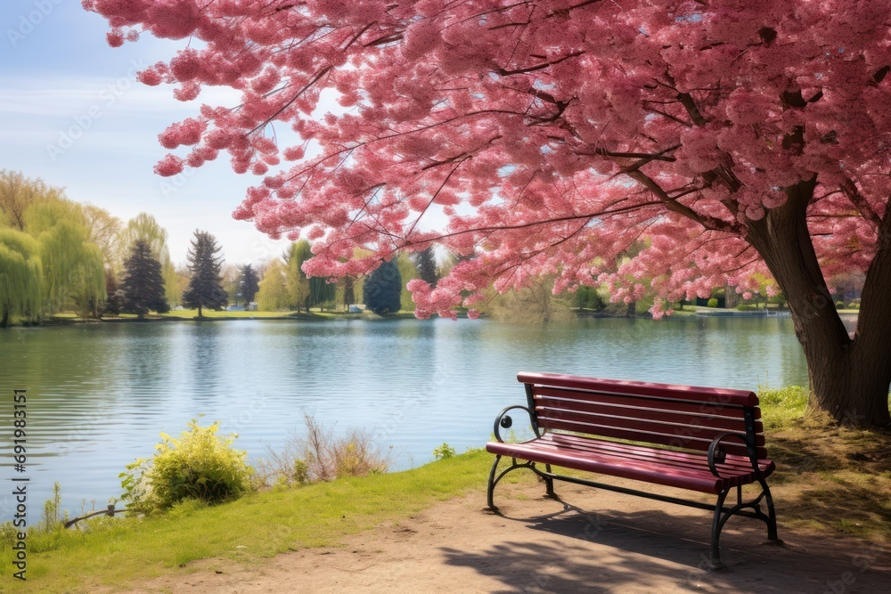 a bench sitting under a tree next to a body of water with a pink blossoming tree in the foreground. a bench sitting under a tree next to a body of water with a pink blossoming tree in the foreground.