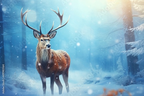  a deer standing in the middle of a forest with snow on it s ground and trees in the background.