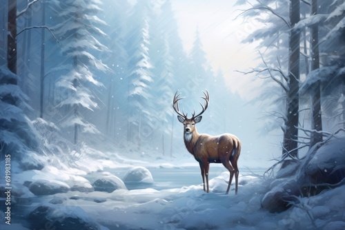  a painting of a deer standing in the middle of a snowy forest with snow on the ground and trees in the background.