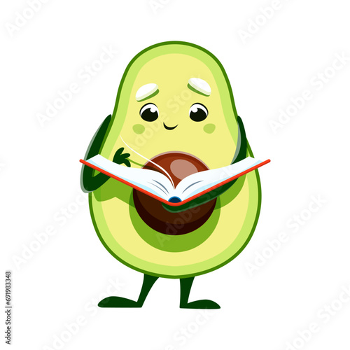 Cartoon avocado character with book. Raw tropical fruit, fresh avocado kid comical vector personage or mascot reading a novel book, getting education or learning literature lesson