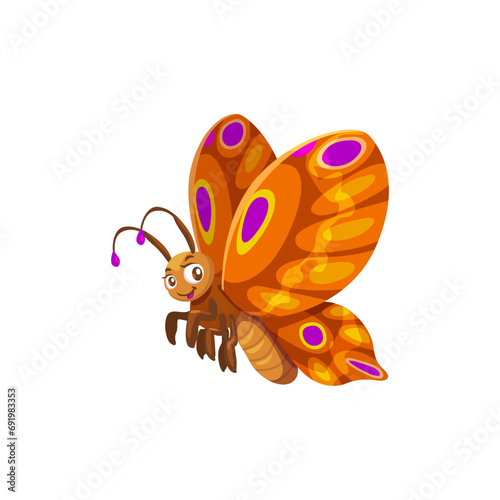 Cartoon butterfly character, isolated vector cheerful, fluttering garden or wild insect personage with vibrant, multicolored wings and smile, spreading joy and positivity with its graceful dance