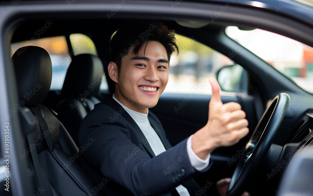 Portrait of young asian man showing thumbs up while driving a car looking at camera