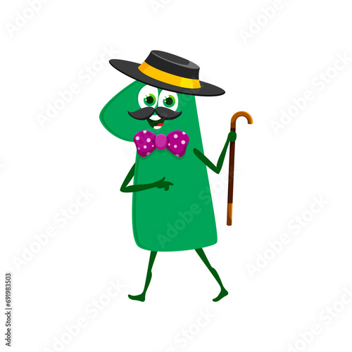 Cartoon funny man number one character. Isolated vector charming digit 1 gentleman personage exudes confidence and positivity with its dapper hat, bow tie and walking cane, endearing personality