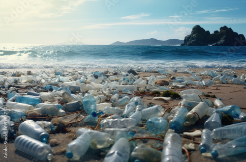 Plastic water bottles pollution in ocean. Environment concept.