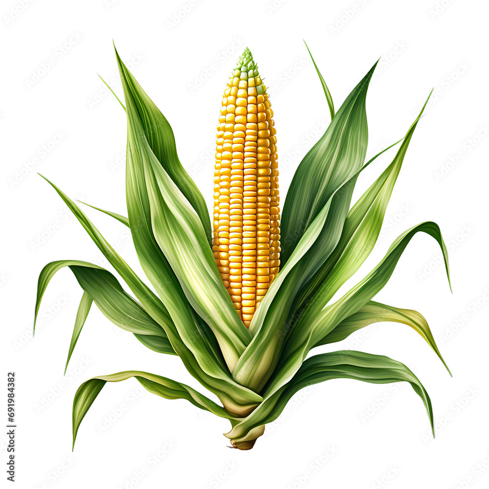illustration of corn with leaves, genetive AI - obrazy, fototapety, plakaty 