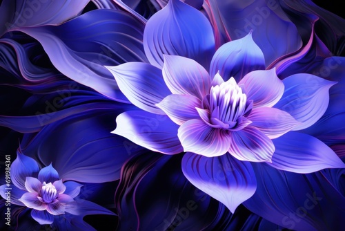  a close up of a flower on a black background with blue and purple flowers in the middle of the image.