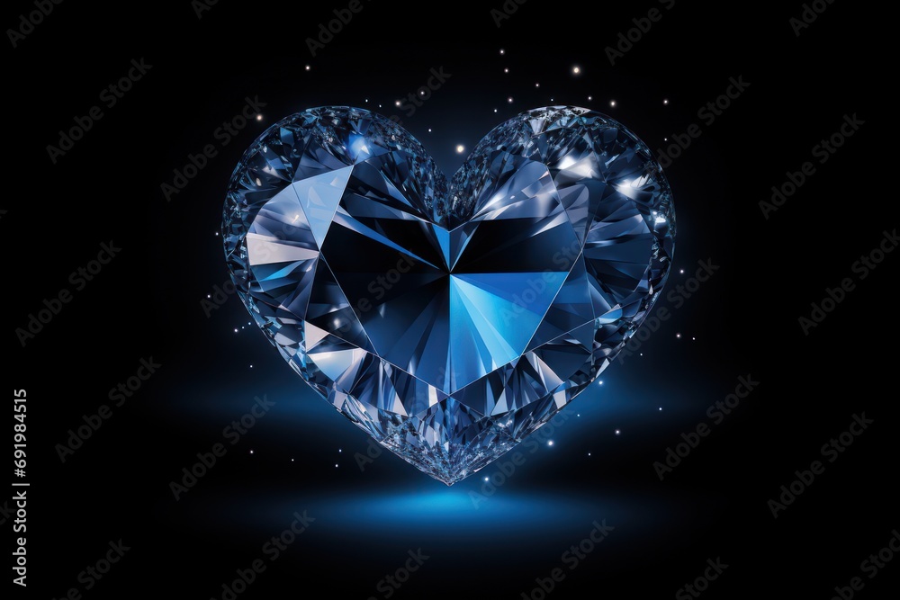  a blue diamond in the shape of a heart on a black background with sparkles and sparkles around it.