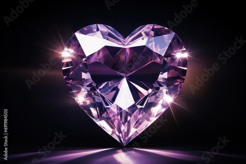  a purple heart shaped diamond on a black background with a bright flash of light coming from the top of it. © Shanti