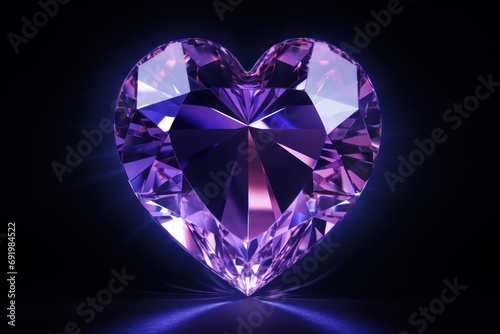  a purple heart shaped diamond on a black background with a bright light shining through the center of the crystal heart.