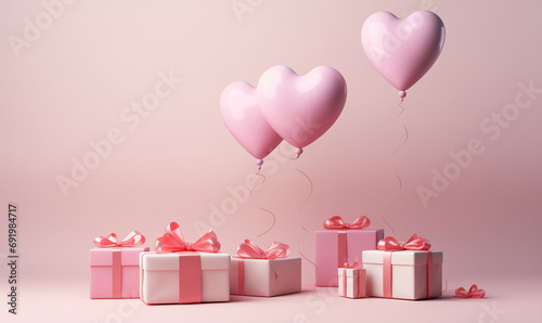 Gift boxes with pink heart balloons for st. Valentain's day photo