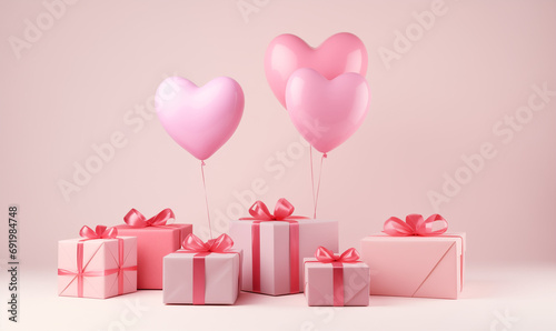 Gift boxes with pink heart balloons for st. Valentain's day photo