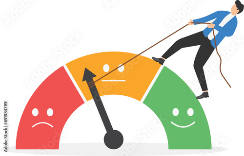 Performance rating or customer feedback, credit score or satisfaction measurement, quality control or improvement concept, strong businessmen pull the string to make the rating gauge to be excellent.
