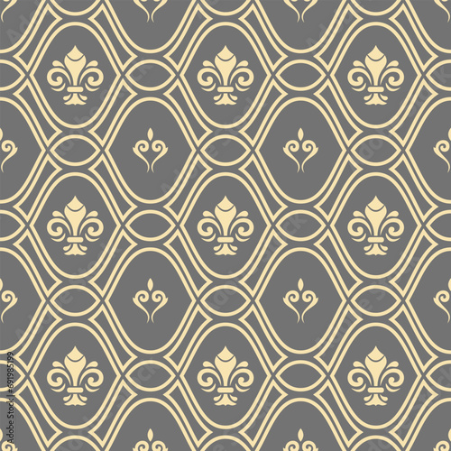 Seamless vector pattern. Modern geometric ornament with royal lilies. Classic gray golden background