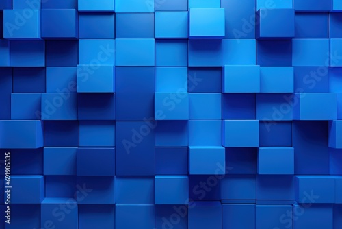 a wall of blue cubes with a bright light shining in the middle of the cubes on the wall.