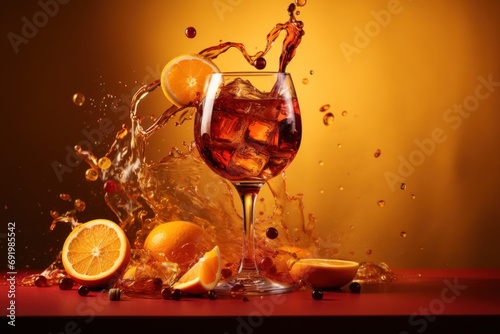  a glass of wine with ice, oranges, and water splashing out of it on a red table.