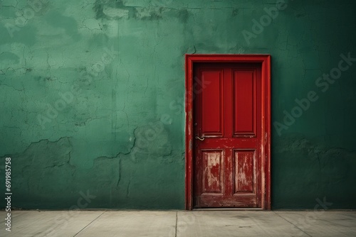  a red door in front of a green wall with a concrete floor in front of it and a green wall behind it.