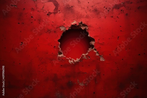 a hole in the side of a red wall that has been painted red and has a hole in the middle of it.