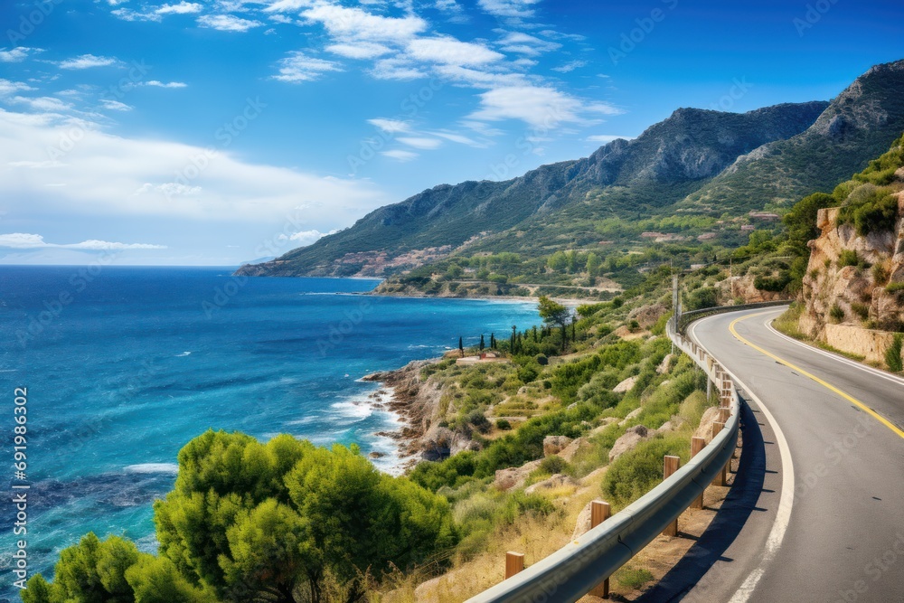  a winding road next to the ocean with a view of mountains and a body of water on the other side of the road.