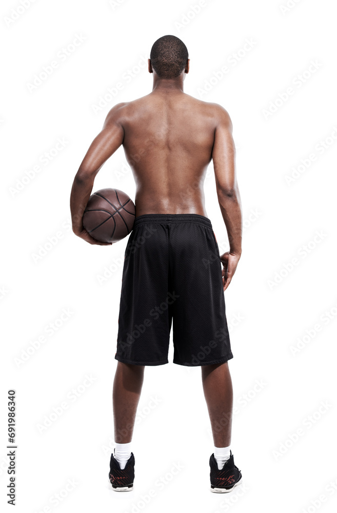 Man, basketball player and standing for training, back and shirtless on white background, confident and game. Studio backdrop, fit and sportsman for exercise, health and african active athlete