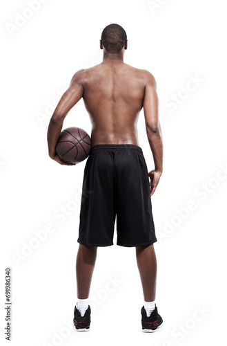 Man, basketball player and standing for training, back and shirtless on white background, confident and game. Studio backdrop, fit and sportsman for exercise, health and african active athlete