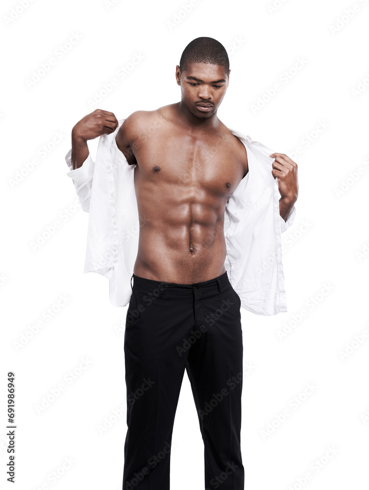 Shirt, black man and abs with muscle, fitness and confident guy isolated on a white studio background. African person, stomach and model with exercise, body and healthy with clothes and mockup space Shirt, black man and abs with muscle, fitness and confident guy isolated on a white studio background. African person, stomach and model with exercise, body and healthy with clothes and mockup space