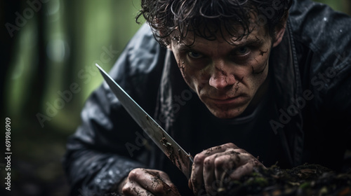 Mad maniac killer with a knife hidden in the forest on the ground, waiting for the victim