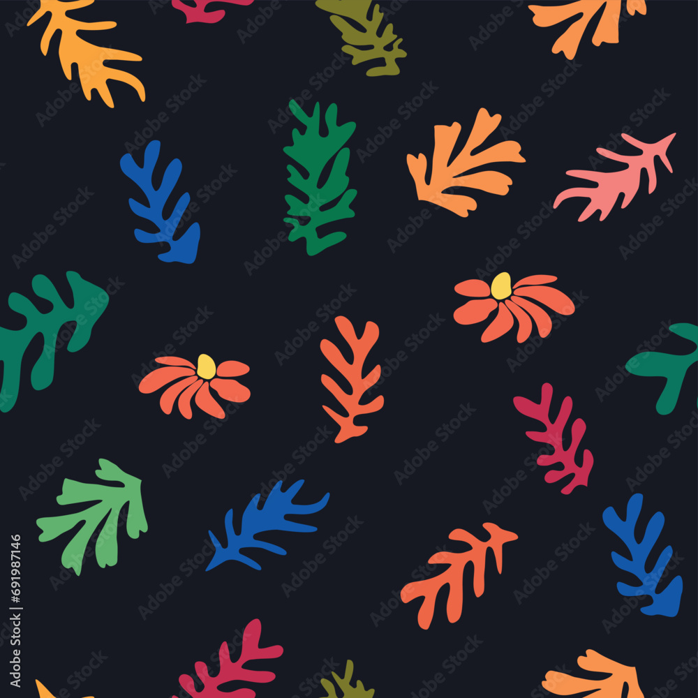 floral pattern, crooked leaves and red flowers floral pattern, crooked leaves and red flowers