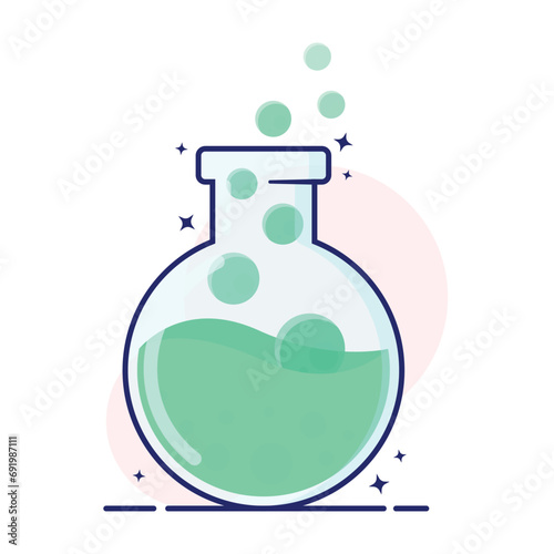 Circle Erlenmayer flask bottle of labs science cute cartoon illustration, blue spell with floating bubble, good for science graphic resource, kids friendly and study isolated by white color