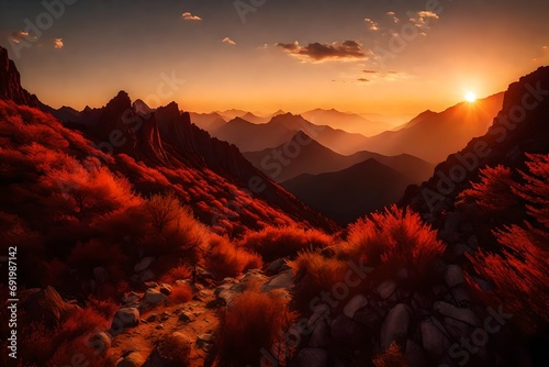 A rugged mountain ridge silhouetted against the fiery colors of a setting sun.