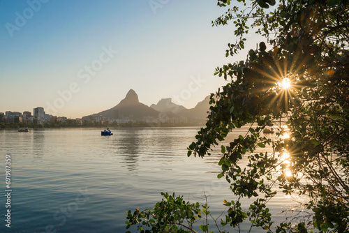 Sunset View of Rodrigo de Freitas Lagoon in Rio de Janeiro, Brazil photo