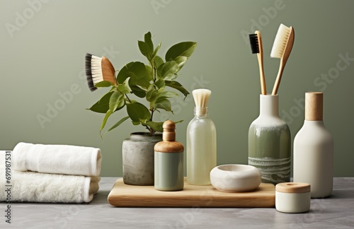 a bottle of green cleanser and brushes on a green tile background