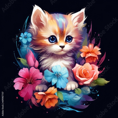 a colorful kitten with flowers