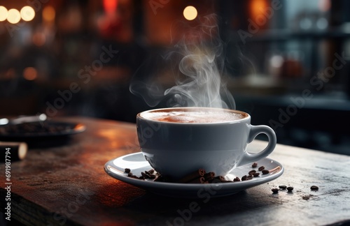 a cup of coffee with steam on a surface with some tables