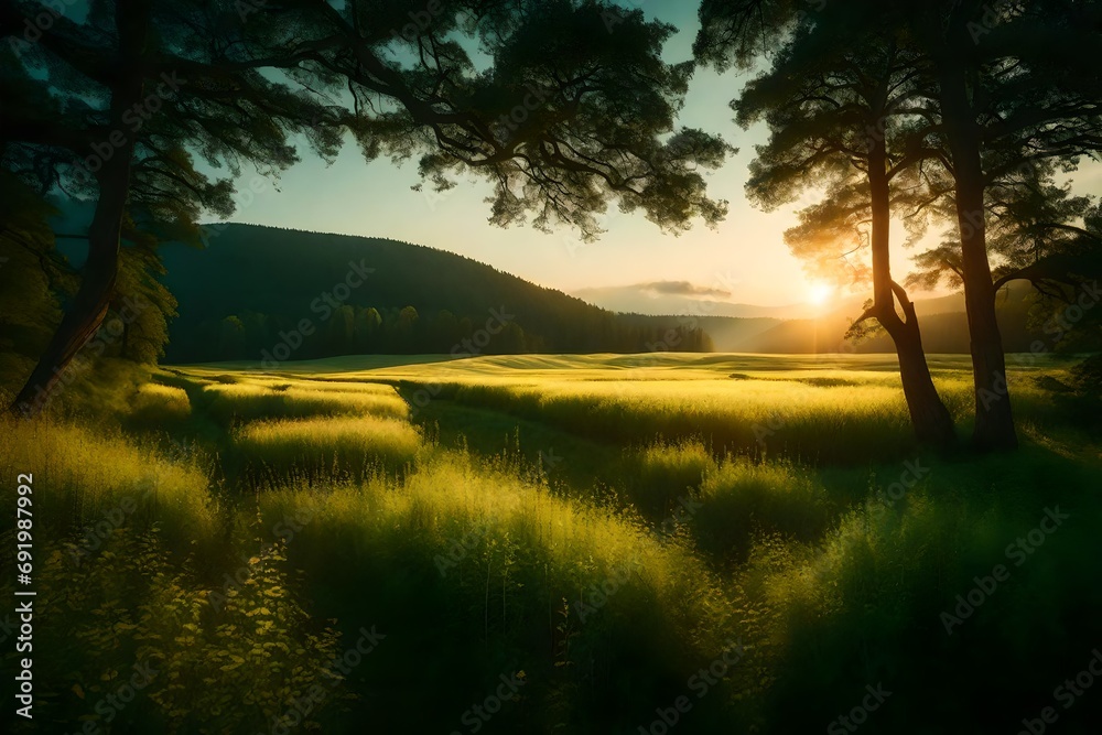 A picturesque dusk scene unfolding over a rural landscape, with a serene meadow and dense forest in view