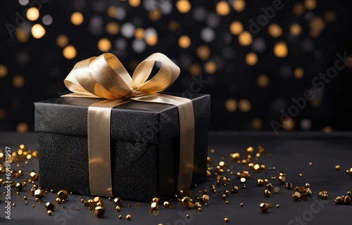 a gift box with gold balls and ribbon on a festive background © ArtCookStudio