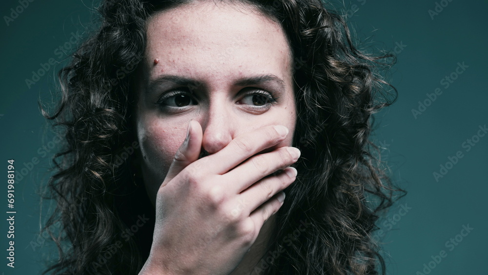 Scared Woman Covering Mouth in Shock, Stressed Reaction Stock Photo ...