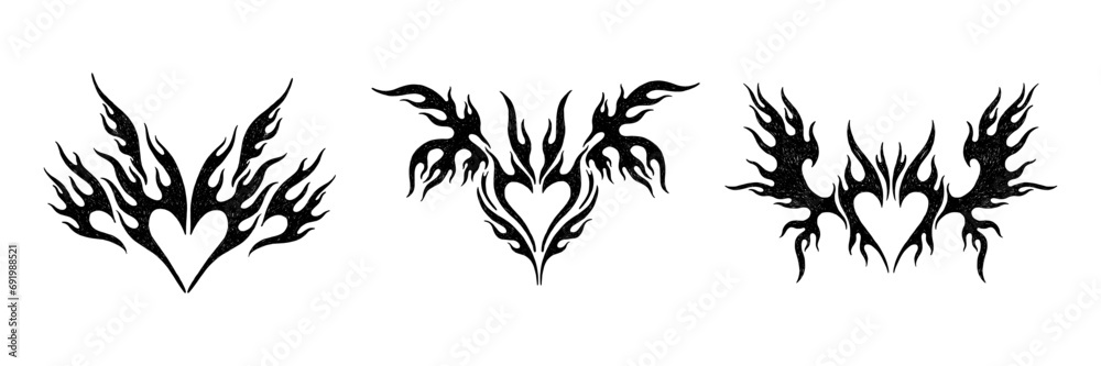 Set of hand drawn y2k style tribal heart shape. Trendy grunge scrawl icon for stickers. Freehand pencil drawing vector illustration.