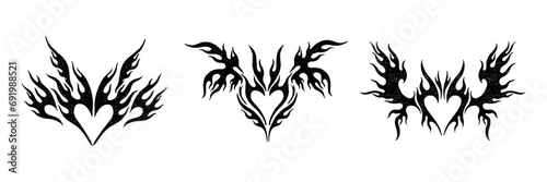 Set of hand drawn y2k style tribal heart shape. Trendy grunge scrawl icon for stickers. Freehand pencil drawing vector illustration.