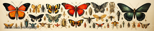 coloured engravings of the 19th century with entomological collections. AI generative. photo