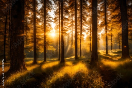 The sun dipping below the trees  casting a tranquil glow over a remote meadow and a serene forest