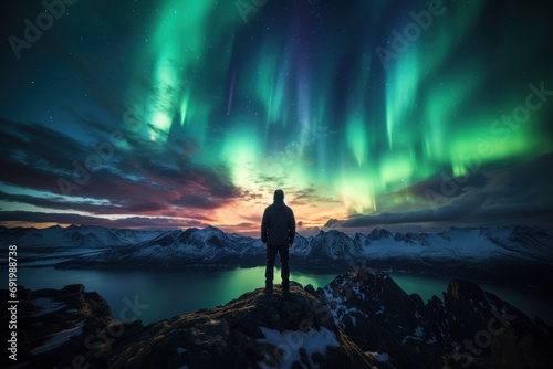  a man standing on top of a mountain under a sky filled with green and purple aurora bores in the background.